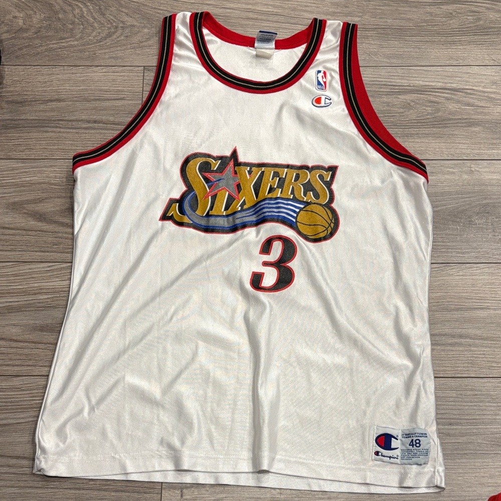 Vintage Iverson Champion White Red Trim Philadelphia Sixers #3 Jersey Size 48